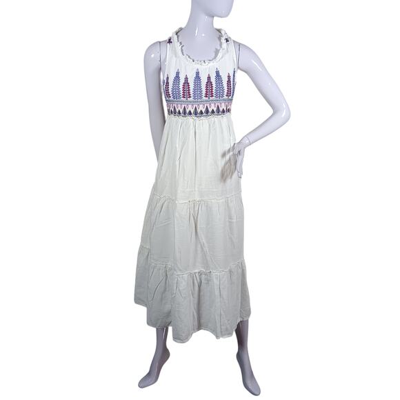 RAGA Panama Cotton Embroidered Tiered Maxi Dress Size Small White Purple - Picture 1 of 11